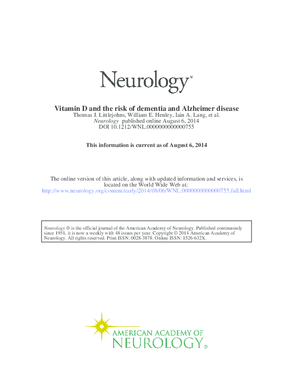(PDF) Vitamin D and the risk of dementia and Alzheimer disease