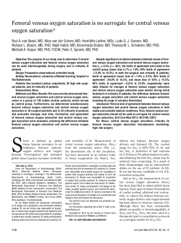 (PDF) Femoral venous oxygen saturation is no surrogate for central ...