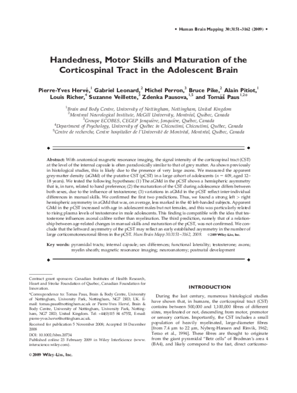 (PDF) Handedness, motor skills and maturation of the corticospinal ...