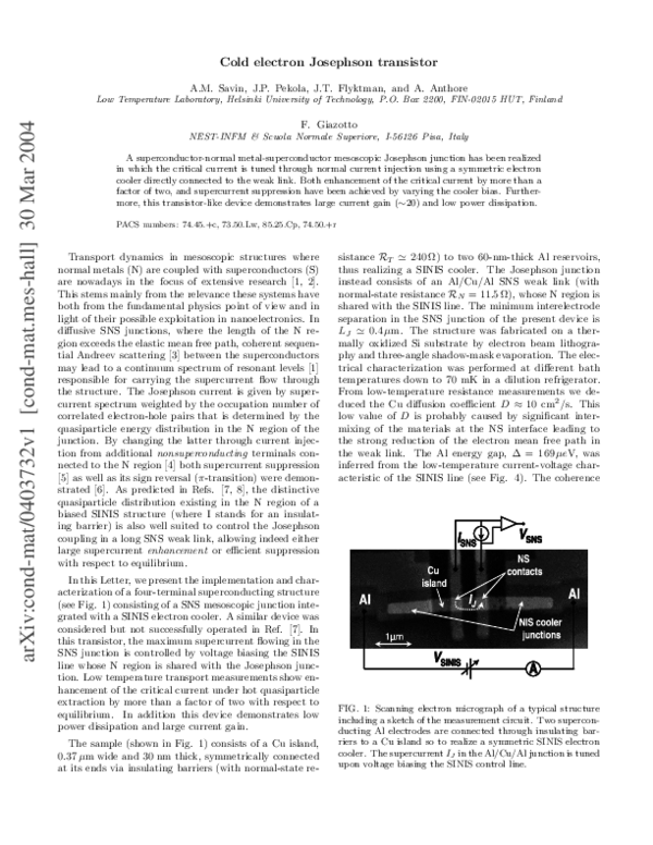 (PDF) Cold electron Josephson transistor Francesco Giazotto