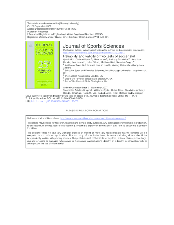 (PDF) Reliability and validity of two tests of soccer skill