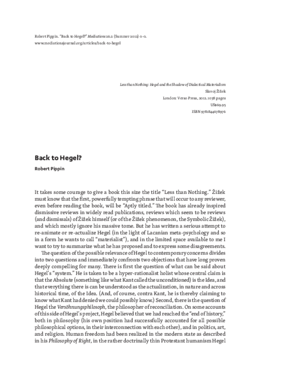PDF) Back to Hegel: On Slavoj Zizek's Less than Nothing