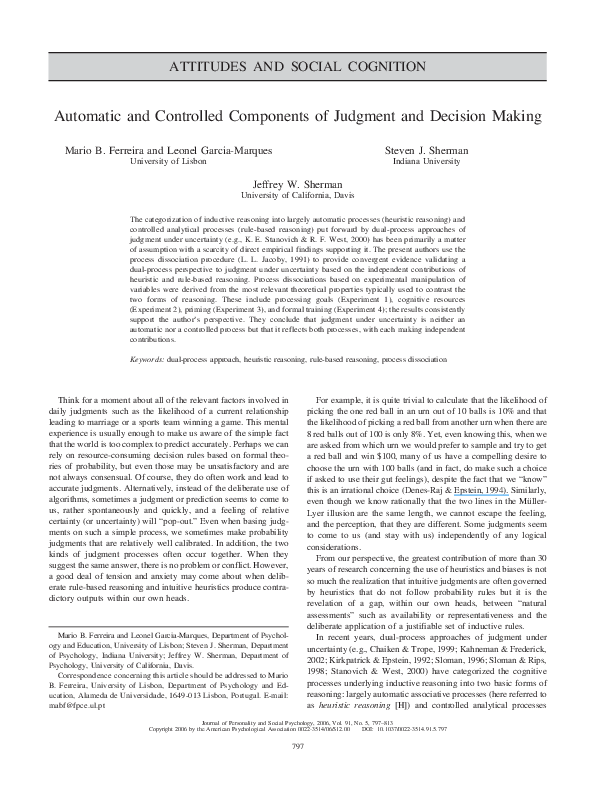 (PDF) Automatic and controlled components of judgment and decision making