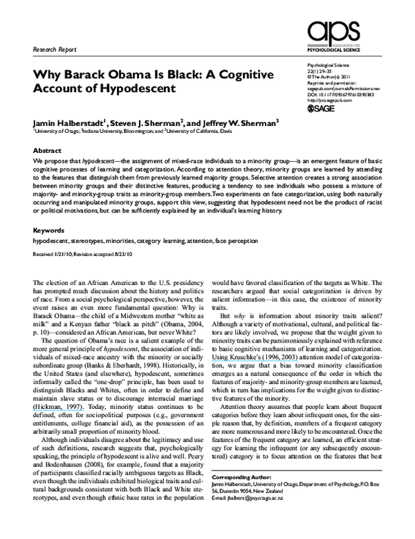 (PDF) Why Barack Obama Is Black: A Cognitive Account of Hypodescent