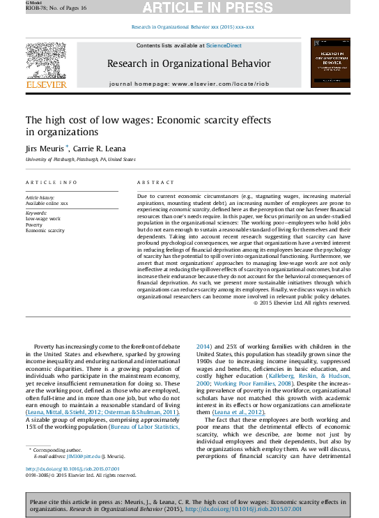 (PDF) The high cost of low wages Economic scarcity effects in