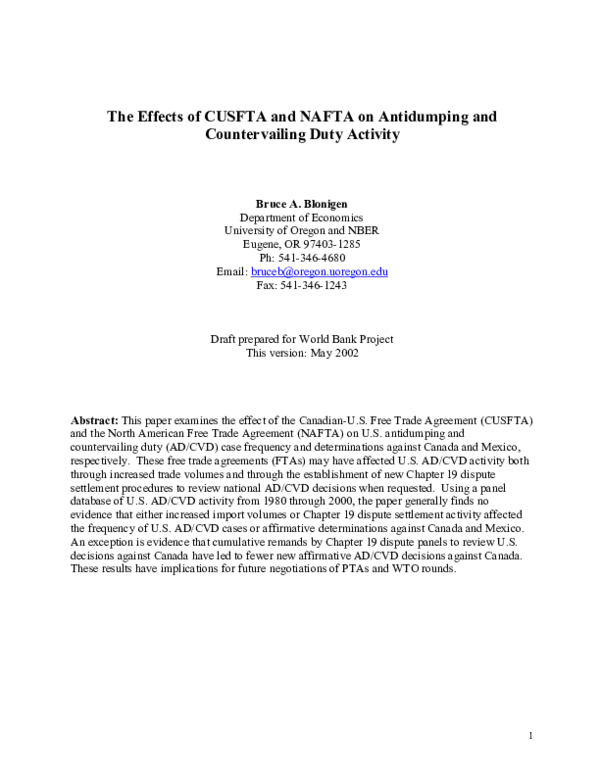 (PDF) The Effects of CUSFTA and NAFTA on Antidumping and Countervailing ...