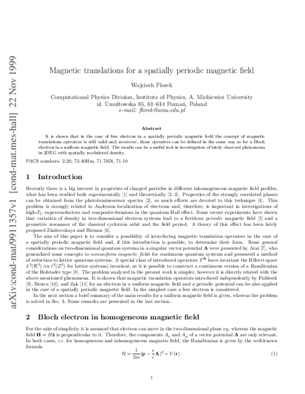 (PDF) Magnetic translations for a spatially periodic magnetic field