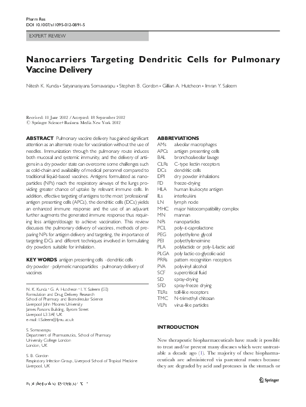 (PDF) Nanocarriers Targeting Dendritic Cells for Pulmonary Vaccine Delivery