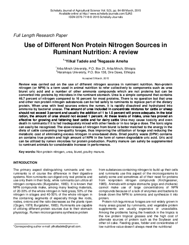 (PDF) Use of Different Non Protein Nitrogen Sources in Ruminant Nutrition Yilkal Tadele