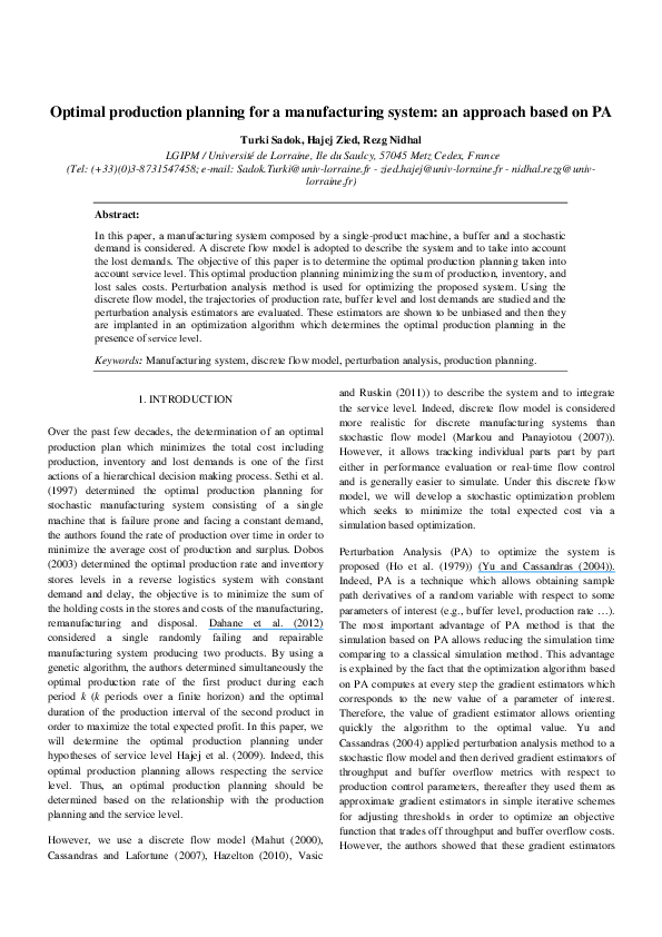 (PDF) Optimal Production Planning for a Manufacturing System: An ...