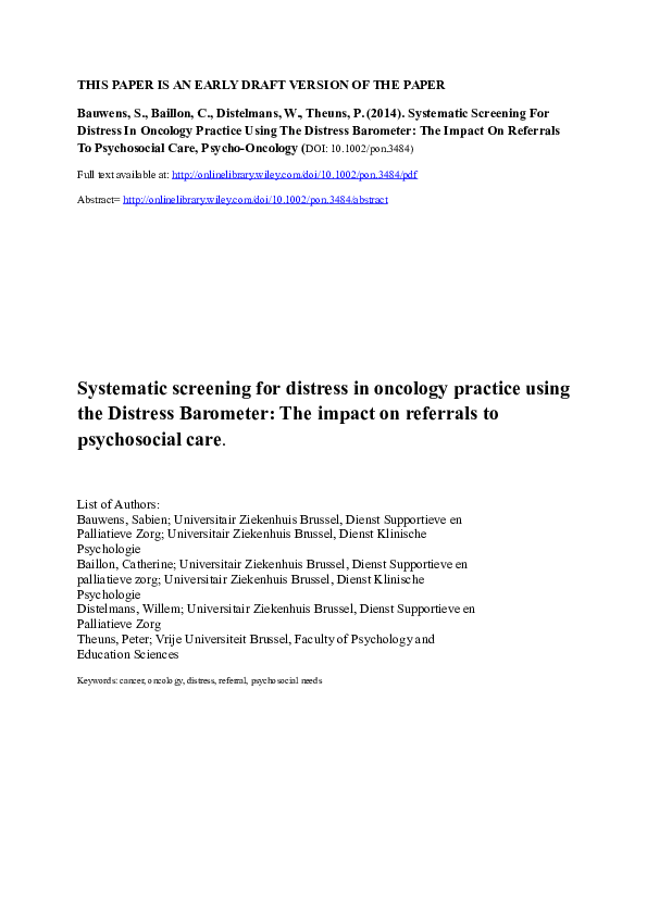 (DOC) Systematic screening for distress in oncology practice using the ...