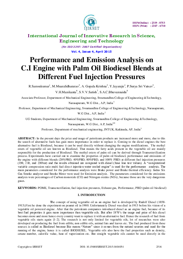 (PDF) Performance and Emission Analysis on C.I Engine with Palm Oil ...
