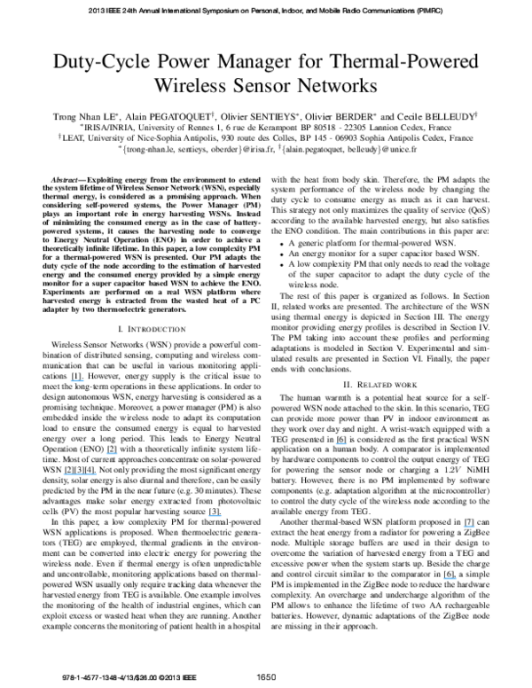 (PDF) Duty-cycle power manager for thermal-powered Wireless Sensor Networks