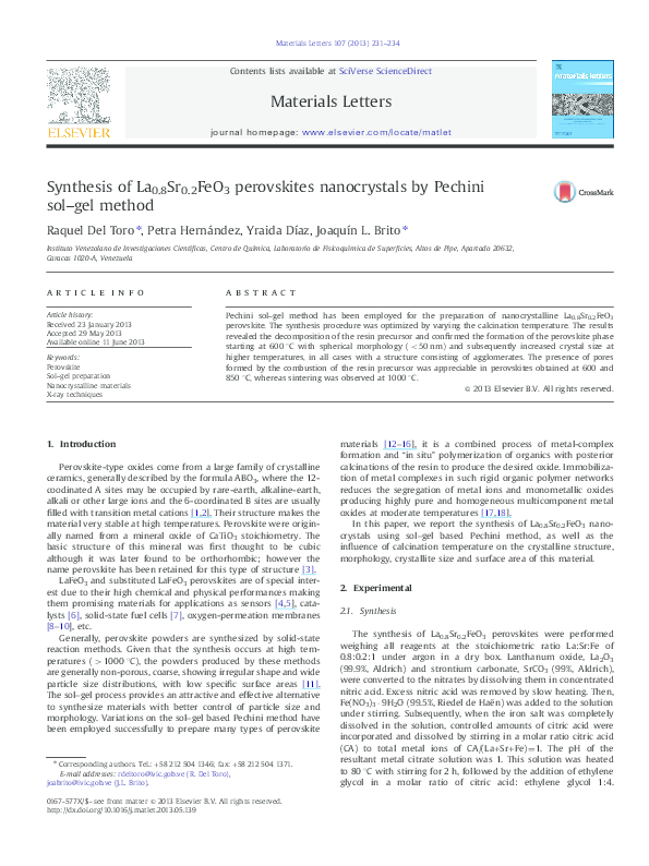 (PDF) Synthesis of La0.8Sr0.2FeO3 perovskites nanocrystals by Pechini ...