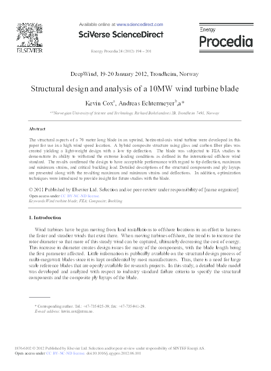 (PDF) Structural Design and Analysis of a 10MW Wind Turbine Blade
