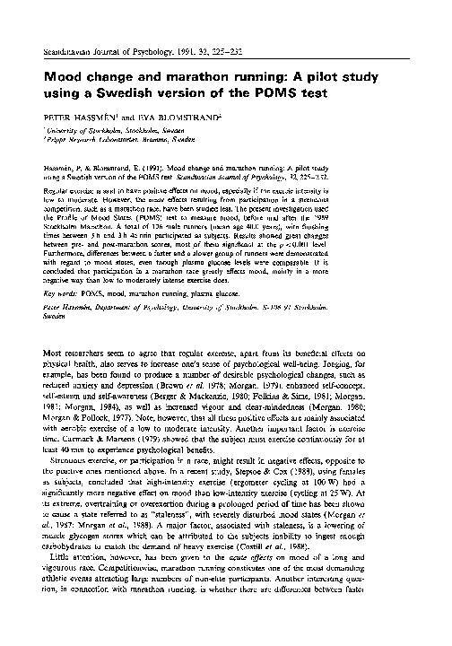 (PDF) Mood change and marathon running A pilot study using a Swedish