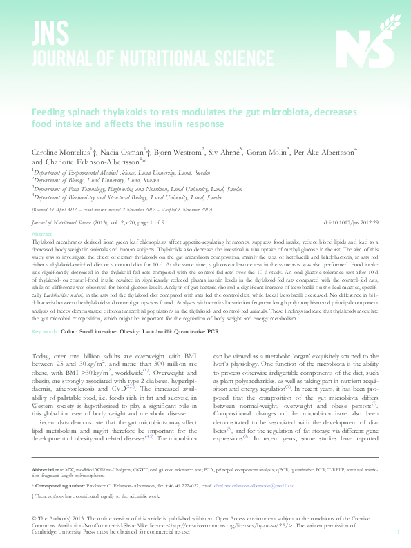 (PDF) Feeding spinach thylakoids to rats modulates the gut microbiota
