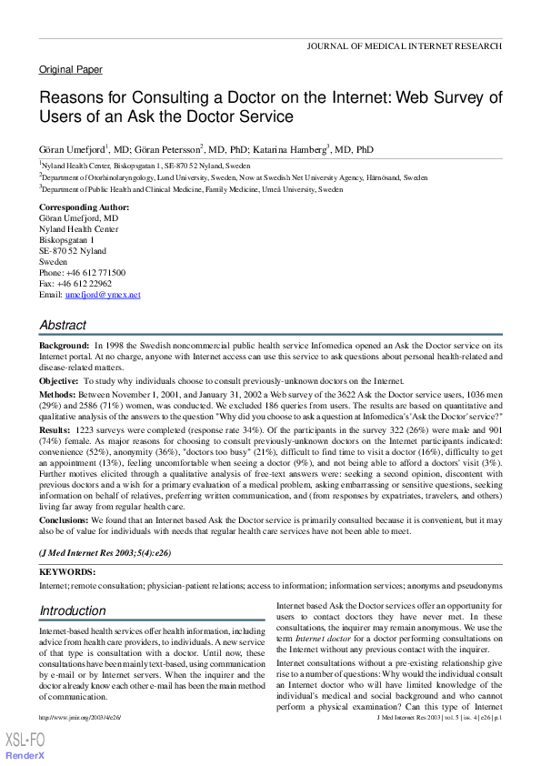 (PDF) Reasons for Consulting a Doctor on the Internet: Web Survey of ...