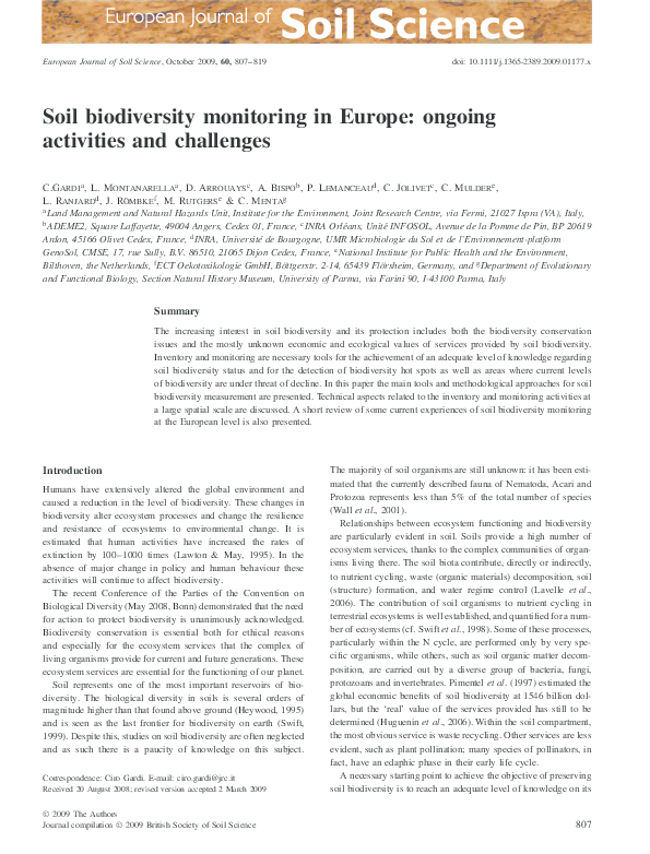 (PDF) Soil biodiversity monitoring: ongoing activities and challenges