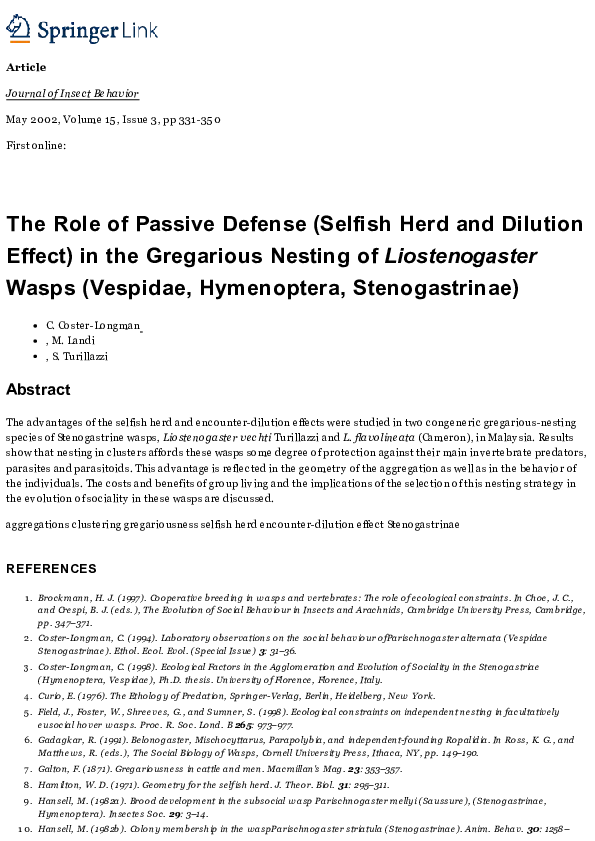 (PDF) The Role of Passive Defense (Selfish Herd and Dilution Effect) in
