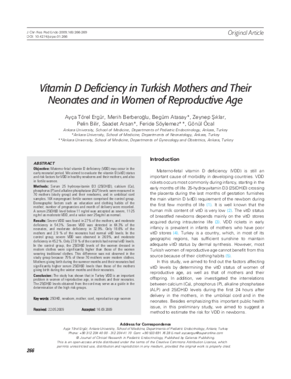(PDF) Vitamin D Deficiency in Turkish Mothers and Their Neonates and in ...