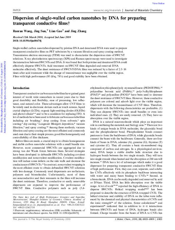 (PDF) Dispersion of single-walled carbon nanotubes by DNA for preparing ...