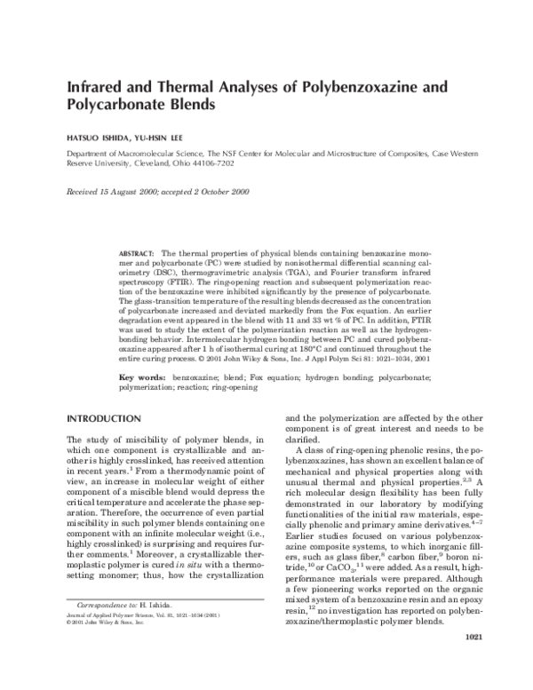 Pdf Infrared And Thermal Analyses Of Polybenzoxazine And Polycarbonate Blends Hatsuo Ishida Academia Edu