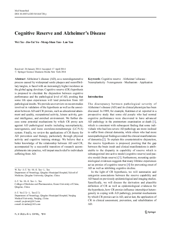 (PDF) Cognitive Reserve and Alzheimer’s Disease