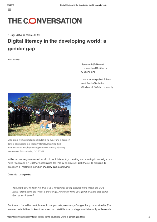 (PDF) Digital literacy in the developing world: a gender gap