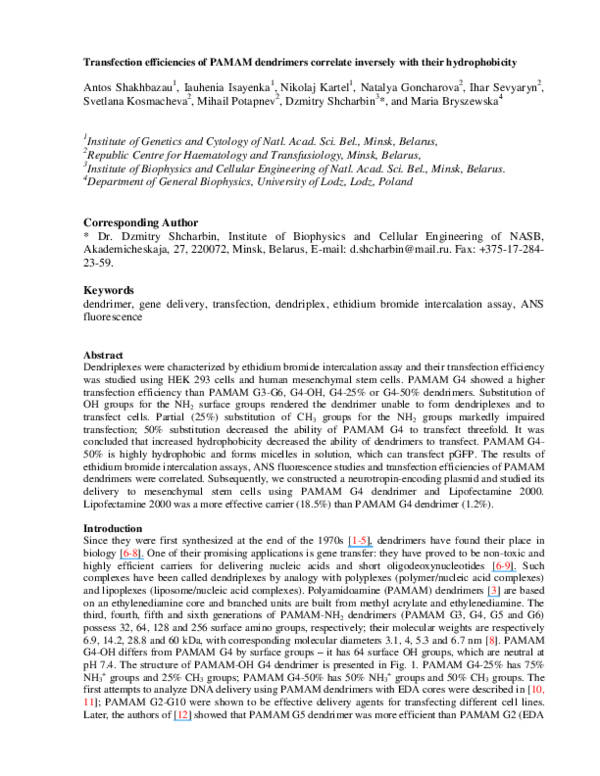 (PDF) Transfection efficiencies of PAMAM dendrimers correlate inversely ...