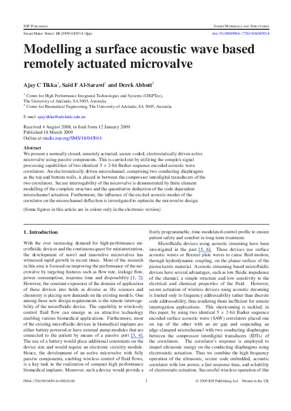 (PDF) Modelling a surface acoustic wave based remotely actuated microvalve