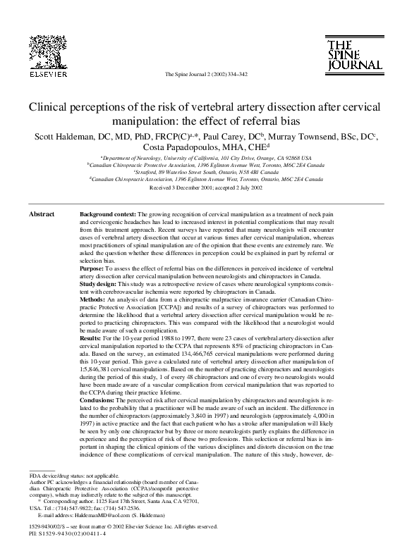 (PDF) Clinical perceptions of the risk of vertebral artery dissection