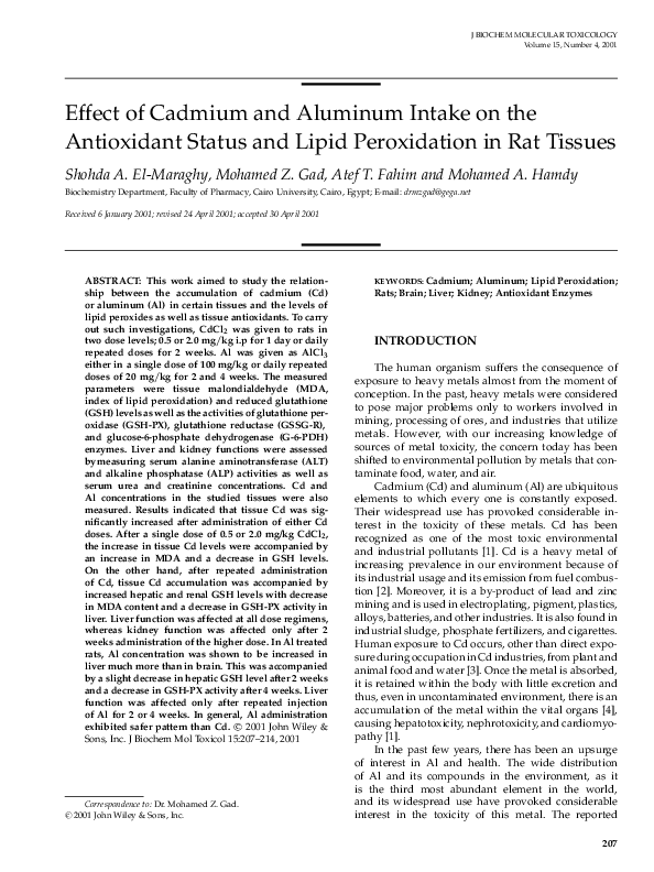 (PDF) Effect of Cadmium and Aluminum Intake on the Antioxidant Status ...