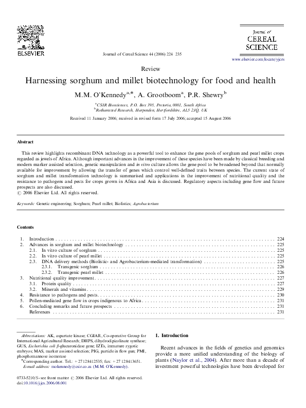 (PDF) Review Harnessing and millet biotechnology for food and