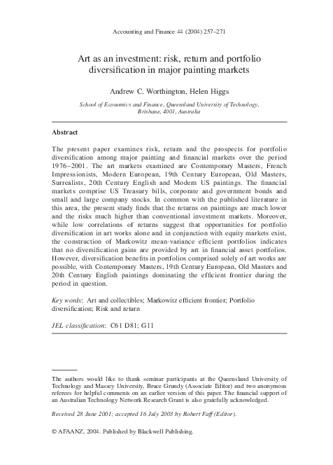 (PDF) Art as an investment: risk, return and portfolio diversification ...