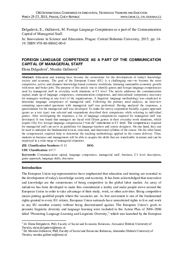 (PDF) FOREIGN LANGUAGE COMPETENCE AS A PART OF THE COMMUNICATION ...