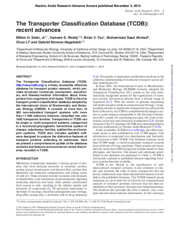 (PDF) The Transporter Classification Database (TCDB) recent advances