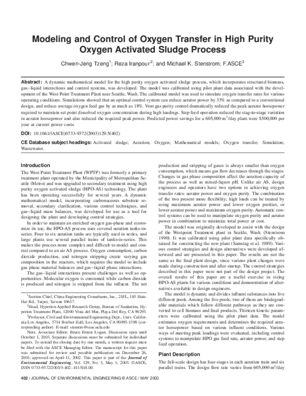 (PDF) Modeling and Control of Oxygen Transfer in High Purity Oxygen ...