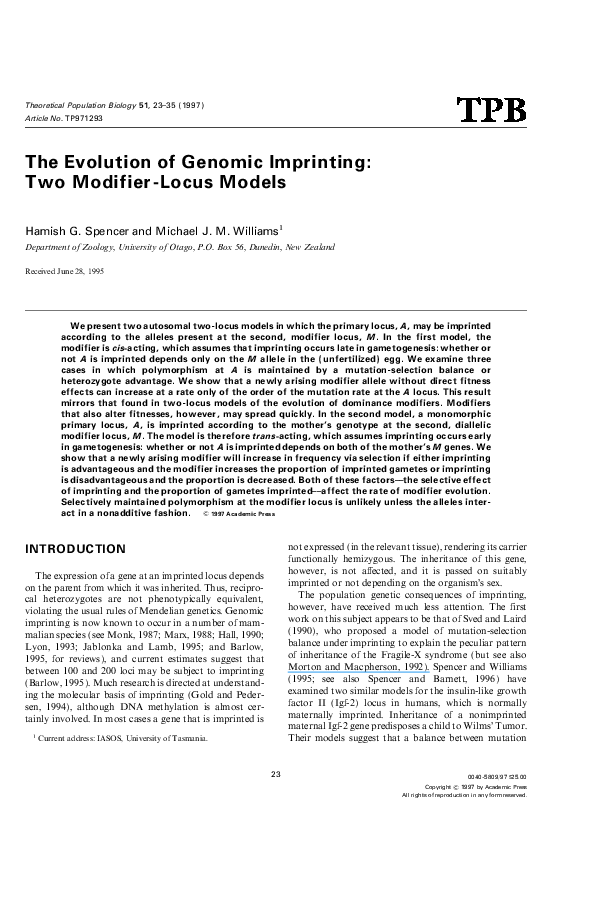 (PDF) The Evolution of Genomic Imprinting: Two Modifier-Locus Models
