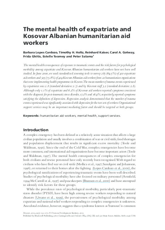 (PDF) The Mental Health of Expatriate and Kosovar Albanian Humanitarian ...