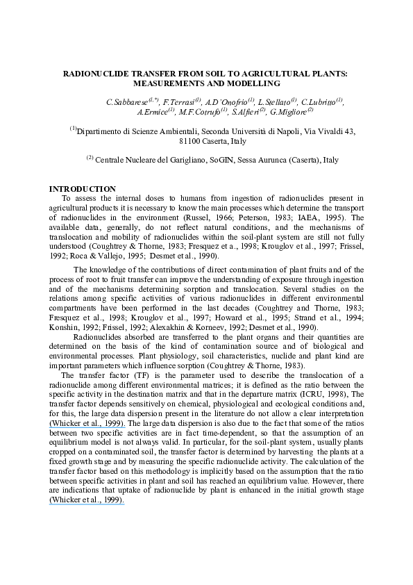 (PDF) Radionuclide transfer from soil to agricultural plants ...