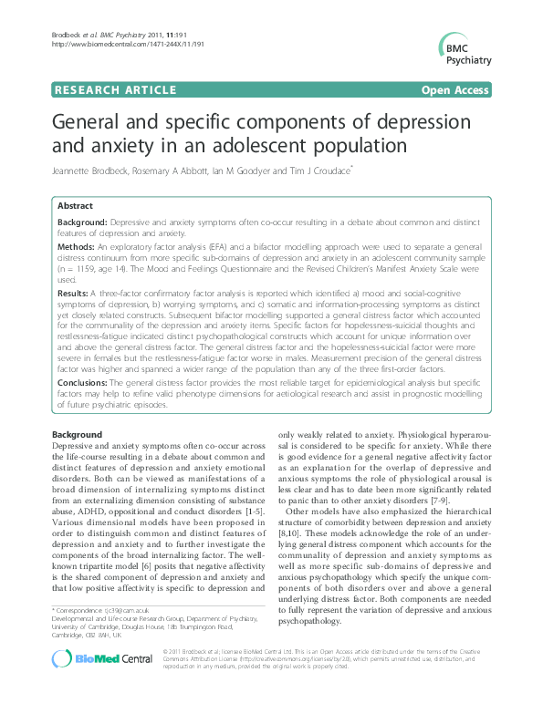 (PDF) General and specific components of depression and anxiety in an ...