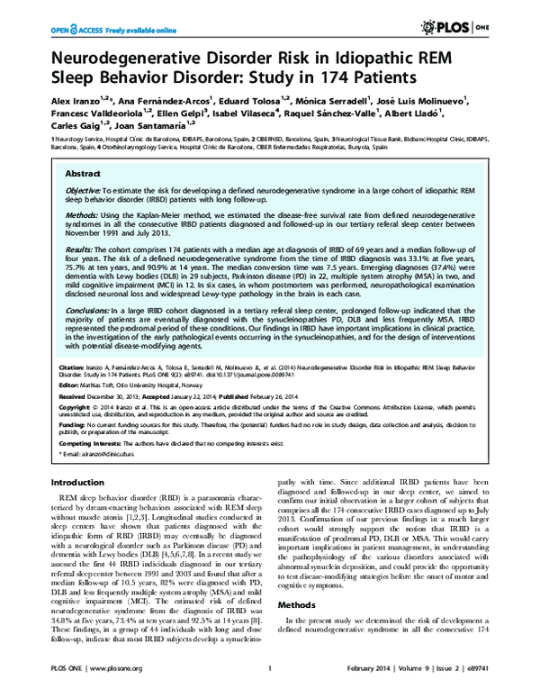 (PDF) Neurodegenerative Disorder Risk in Idiopathic REM Sleep Behavior