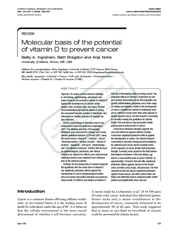 (PDF) Molecular basis of the potential of vitamin D to prevent cancer