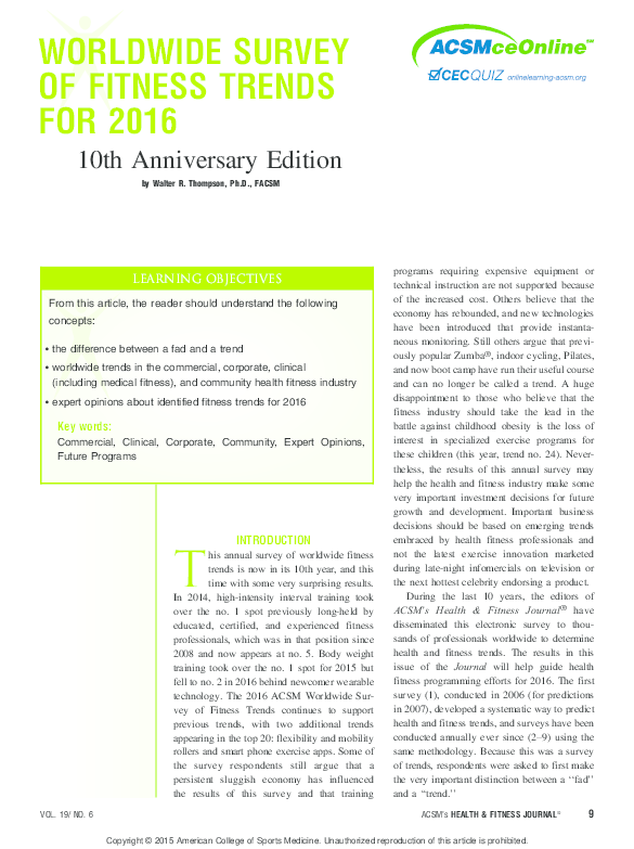 (PDF) Worldwide Survey of Fitness Trends for 2016 W. Thompson