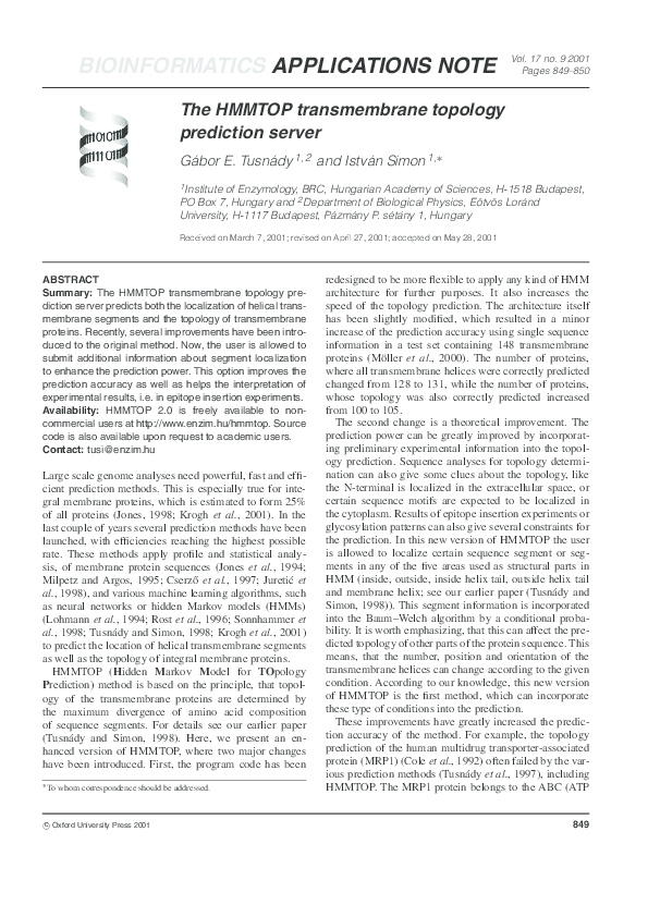 (PDF) The HMMTOP transmembrane topology prediction server