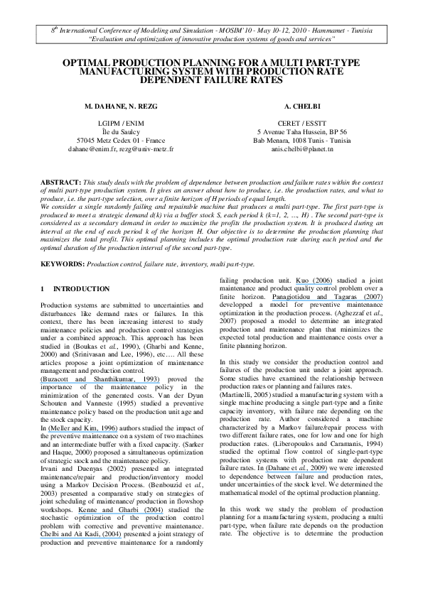 (PDF) OPTIMAL PRODUCTION PLANNING FOR A MULTI PART-TYPE MANUFACTURING ...