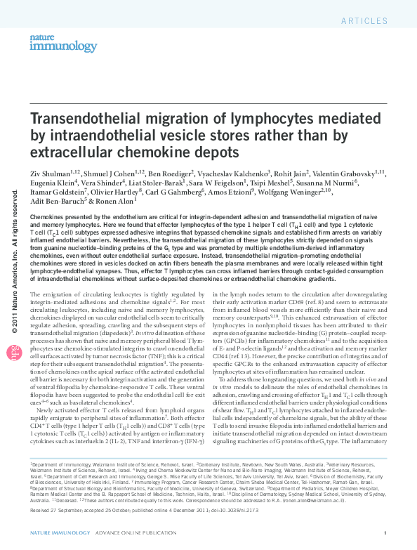 (PDF) Transendothelial migration of lymphocytes mediated by ...