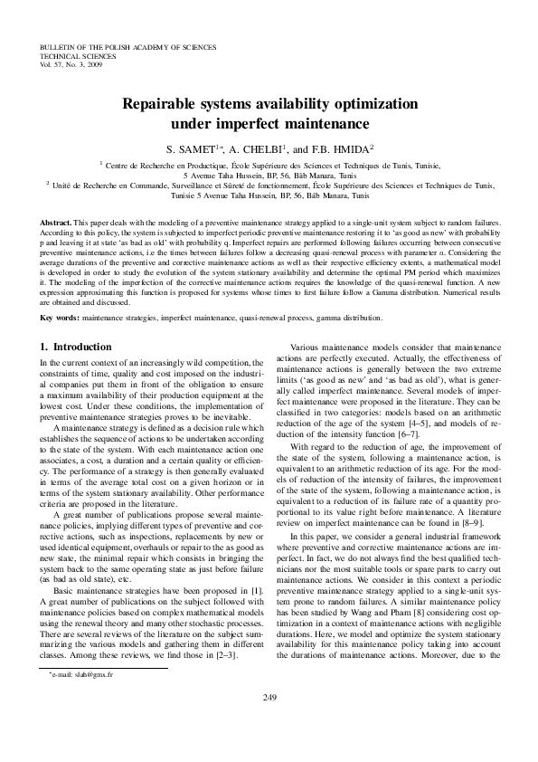 (PDF) Repairable systems availability optimization under imperfect ...