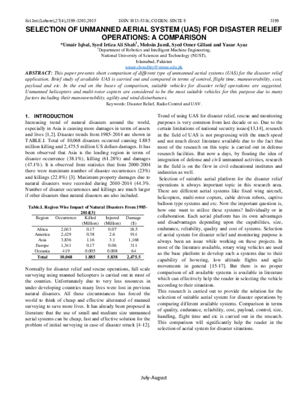 (PDF) SELECTION OF UNMANNED AERIAL SYSTEM (UAS) FOR DISASTER RELIEF ...
